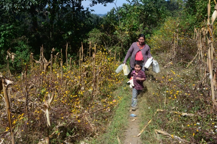 Tomasa walking down the trail with her water jugs.